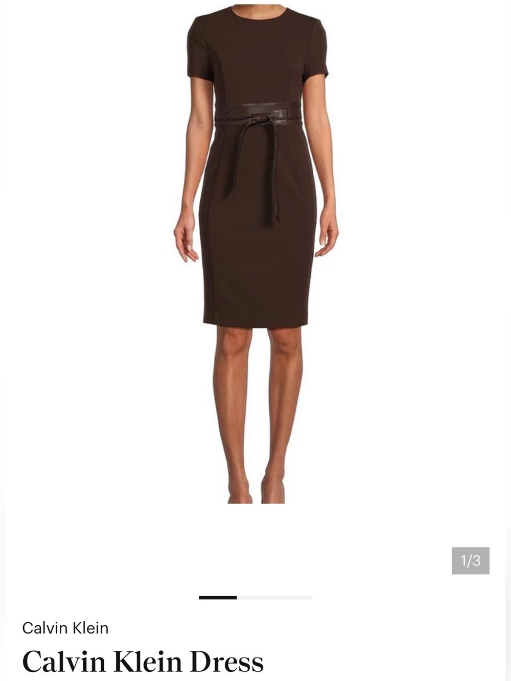 Calvin Klein Chocolate Brown Midi Sheath Dress with Faux-Leather Tie